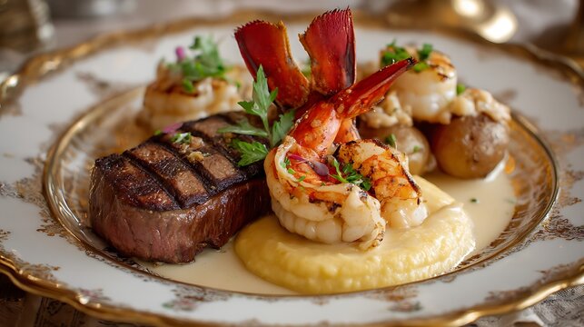 An elegant plated meal featuring grilled steak, lobster tail, shrimp, creamy polenta, and roasted potatoes, beautifully arranged on a fine china plate.