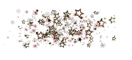 Elegant gold stars and winter snowflakes floating on a white background. Perfect for holiday greetings, Christmas invitations, and celebratory d