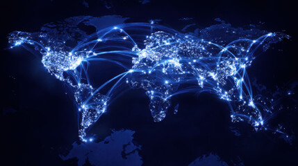 Glowing World Map Visualizing a Global Technology Network