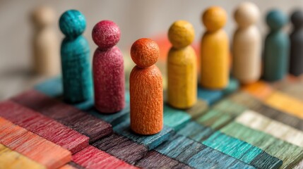 Talent Pipeline Management: Colorful wooden peg figures arranged in ascending steps on business chart  
