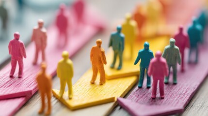 Talent Pipeline Management: Diverse game piece people standing on career pathway board with arrows  
