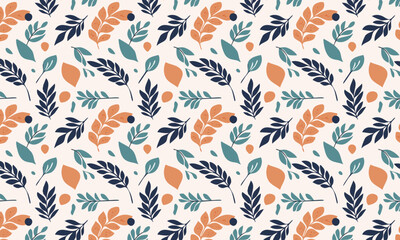 Elegant Hand Drawn Botanical Seamless Pattern, Autumn Foliage with Blue and Orange Leaves