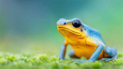 Naklejka premium Close-up of bright yellow and blue frog sitting on green surface, symbolizing exotic wildlife, biodiversity, and environment, with copy space in blurred background.