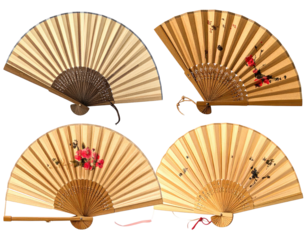 Four antique hand fans, light beige, with floral designs