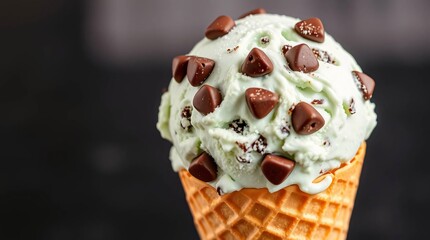 Mint Chocolate Chip Delight: A delectable scoop of mint chocolate chip ice cream, adorned with rich chocolate chunks, rests invitingly in a crispy waffle cone.