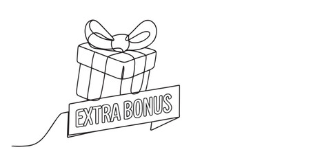 Minimal line art illustration of a gift box with ribbon and Extra Bonus sign, symbolizing promotion, special offer, customer rewards, marketing campaign, sales incentive, and exclusive deal.