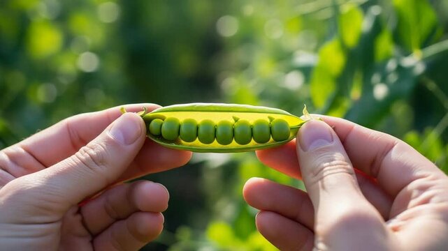 hands holding freshly opened green pea pod in garden