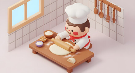 cute chef character baking dough in kitchen