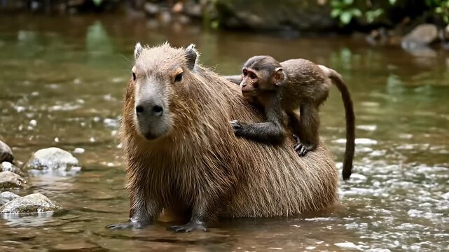 Capybara in river with two small monkeys riding on its back, unique interspecies animal friendship in natural habitat.
