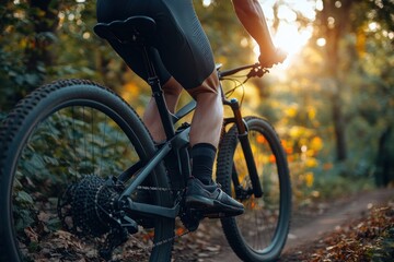 Fototapeta premium Experiencing the freedom of mountain biking in a dense forest trail