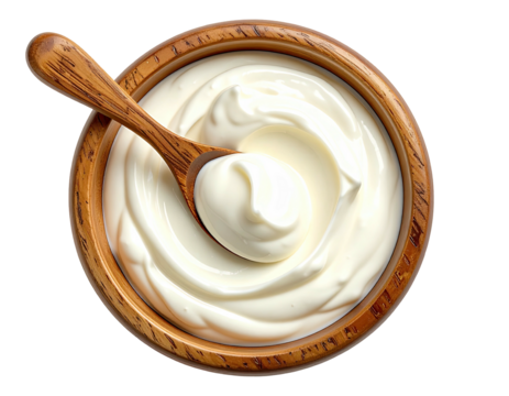 Creamy yogurt in a wooden bowl with a spoon
