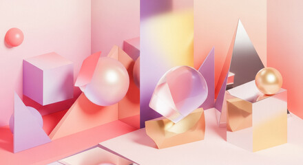 Abstract pastel geometric still life with spheres and prisms arranged in a soft pink studio, bathed in warm gradient light.