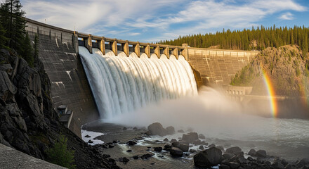 Spectacular Hydroelectric Dam Spillway with Vibrant Rainbow in Mist A dynamic and breathtaking view of a hydroelectric dam with its spillway gates wide open