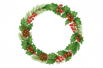 Festive watercolor wreath decorating for christmas, holiday, and seasonal celebration. Transparent background