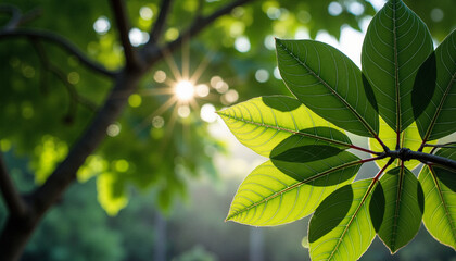 Green leaves illuminated by sunlight in a lush garden setting  