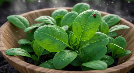 Fresh green spinach seedlings with water droplets and a ladybug in a wooden bowl, close-up