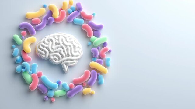 Colorful bacteria ring surrounds white brain model, symbolizing gut microbiome diversity, connection, minimal style, mental health, 3D illustration
