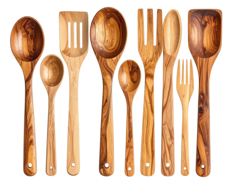 Row of various wooden cooking utensils