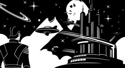 Bold sci-fi adventure illustration of futuristic city on distant planet, captivating space exploration, perfect for book covers, posters, and creative design projects