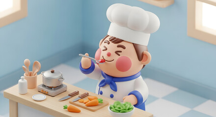 cute chef character happily cooking meal in kitchen
