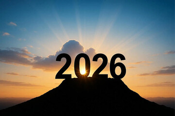 Silhouette of number 2026 on blue cloud, shiny design to celebrate happy new year. Mountain top and the beginning of the new year 2026. Black silhouette of year 2026, in the morning during sunrise