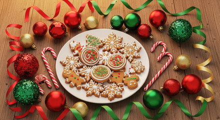 Delicious Gingerbread Cookies with Christmas Ornaments on Wooden Tabletop