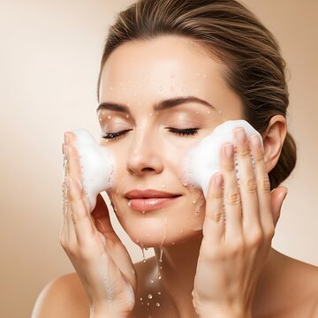 Woman Washing Face with Foam Cleanser.