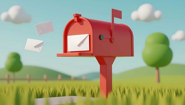 3d red mailbox with flying envelope, isolated illustration concept for mail delivery and communication