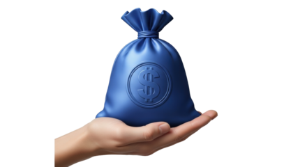 Isolated human hand holding a blue money bag with a dollar sign, financial concept