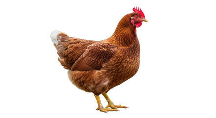 Isolated, Beautiful chicken with brown feathers standing upright, full-body shot, farm animal