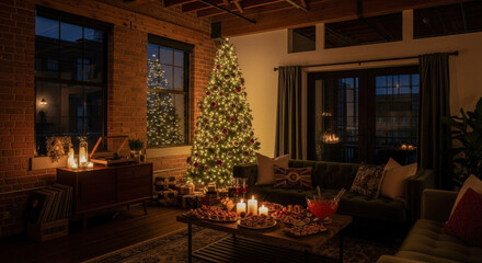 Cozy Christmas Living Room with Decorated Tree and Festive Decorations