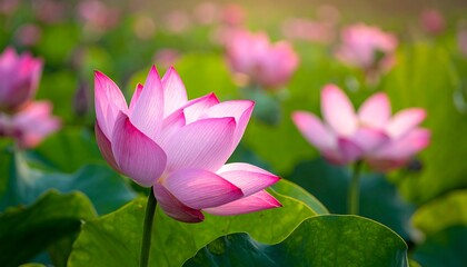 Close-up captures several vibrant pink lotus flowers blossoming amidst verdant leaves in a tranquil outdoor setting