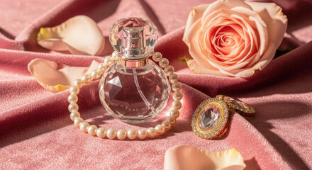 Elegant Perfume Bottle with Rose and Pearl Jewelry on Luxurious Velvet