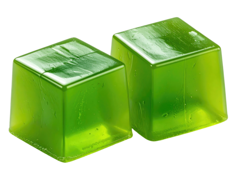 Two vibrant green, square jelly candies, seemingly translucent