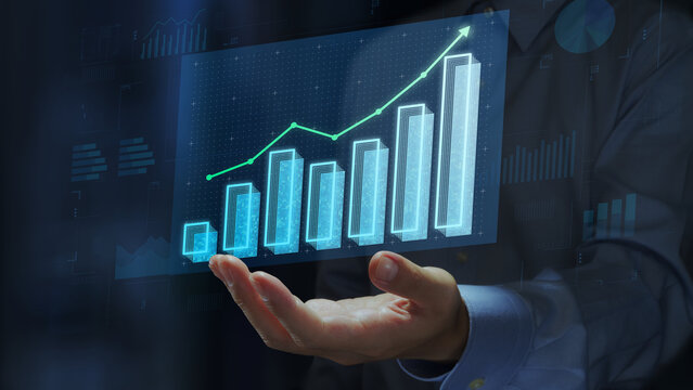 Business growth analysis. Key performance indicator KPI monitoring and analytics. Integrated performance management. Businessperson holding growth a chart.