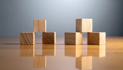 Obraz premium Stacked Wooden Blocks on Reflective Surface with Studio Lighting, Creating Pyramid Shape Against Neutral Gray Background, Texture and Pattern Detail, Copy Space