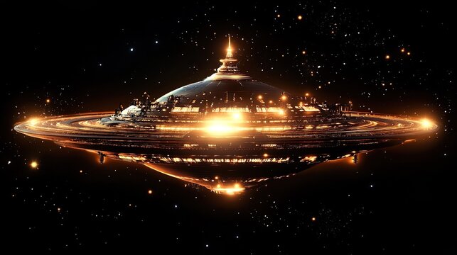 Giant alien spaceship or UFO hovering in a starry sky.
