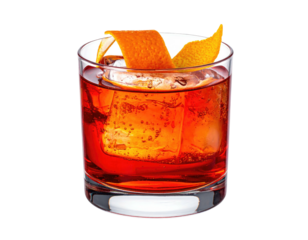 A vibrant, reddish-orange cocktail in a rocks glass, garnished with an orange peel
