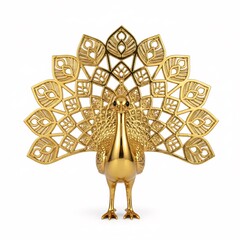 A golden peacock sculpture, standing from the front, with a fanned-out tail carved