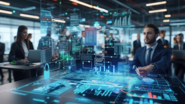 Dynamic business team analyzing data on futuristic interface, visualizing complex analytics and security in a modern office