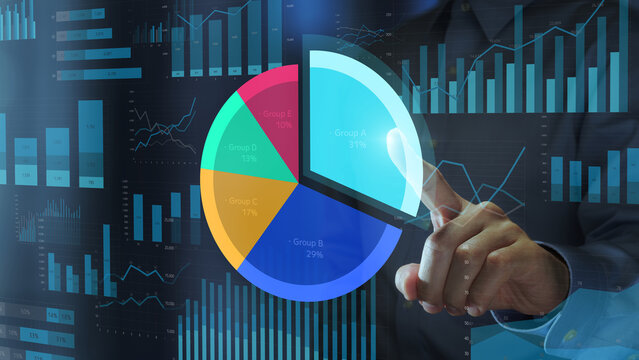 Pie chart analysis. Analysis of market share or sales composition. Businessperson tapping charts on analytics dashboard.