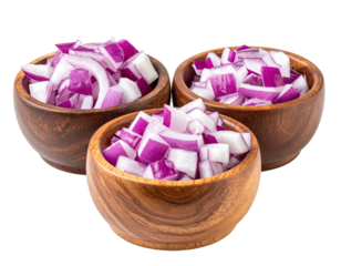 Three wooden bowls filled with diced red onions