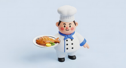 cute 3d chef character presenting delicious cooked fish