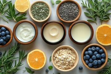 Beauty flat lay featuring natural skincare products with fresh ingredients and herbs