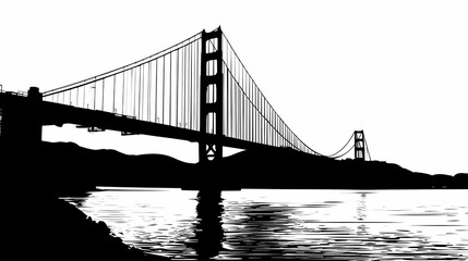 Obraz premium Black and White Line Art of the Golden Gate Bridge Architectural Drawing in Minimalist Style with Clean Lines and Empty Space