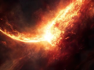 A glowing, golden nebula with complex structures and bright stars.