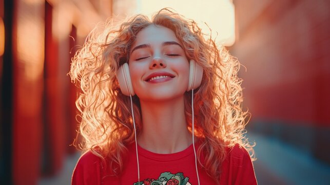 Woman listening to music, enjoying sunset
