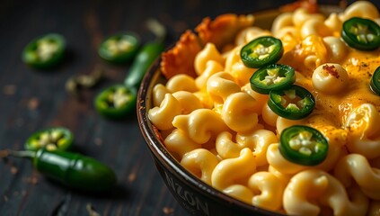 bold flavor spicy pasta baked mac and cheese jalapeño mac dark table cheesy pasta melted cheese 45 degree angle comfort food  
