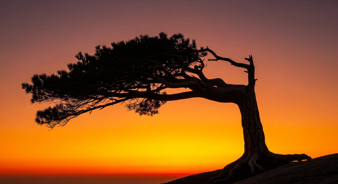 Dramatic Silhouette of an Ancient Tree Against a Fiery Sunset
A dramatic silhouette of a solitary, wind-swept tree dominates the frame, set against a stunning fiery sunset sky that transitions 
