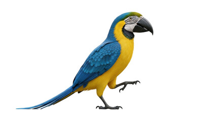 Isolated blue and yellow macaw standing, colorful feathers, tropical parrot for design